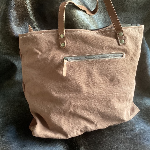 Myra Bag Big Hair Hide Tooled Leather Canvas Tote Handbag - Picture 2 of 11